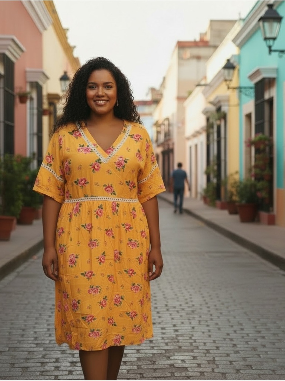 Women’s Floral V-Neck Yellow Dress